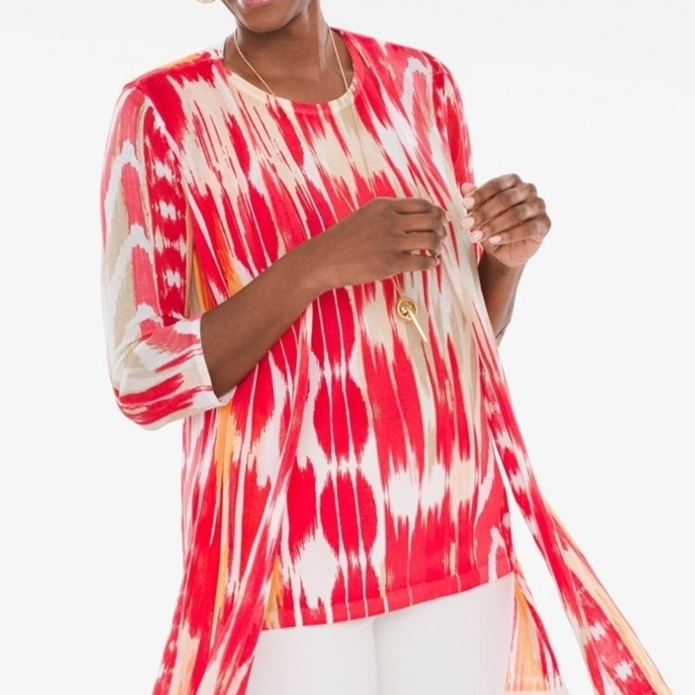 CHICOS Warm print essential cardigan orange red pattern size 2 or M/L